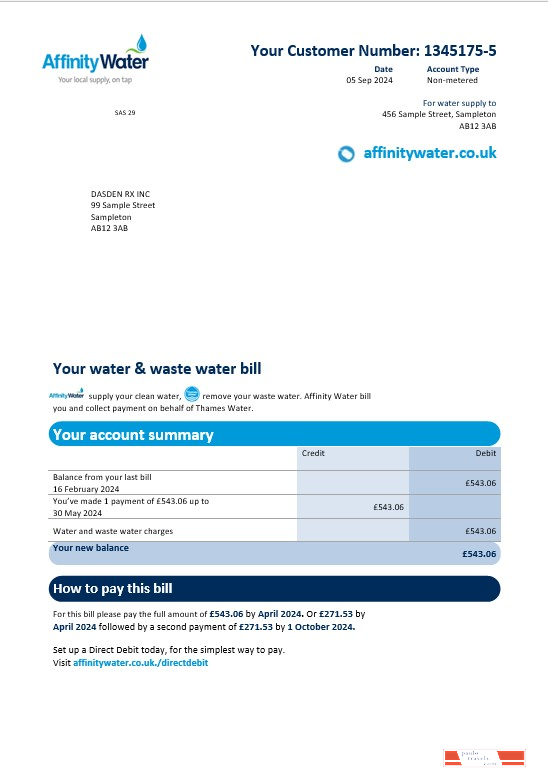 United Kingdom Affinity Water business utility bill template in Word and PDF formats